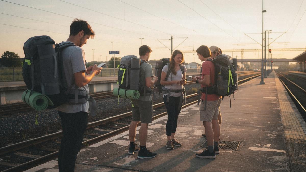 Group of young travellers with backpacks waiting on a station platform at sunrise