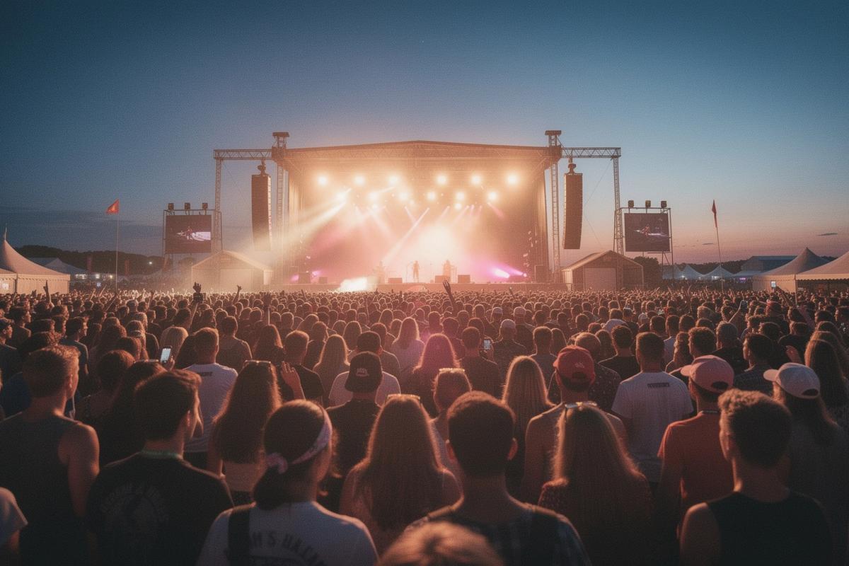 Crowd in front of a festival main stage at dusk