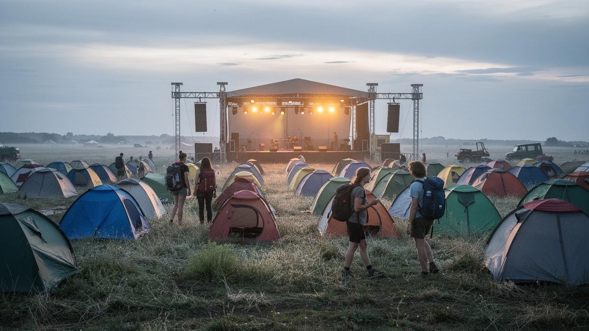Tent field and lit main stage at a summer open-air festival