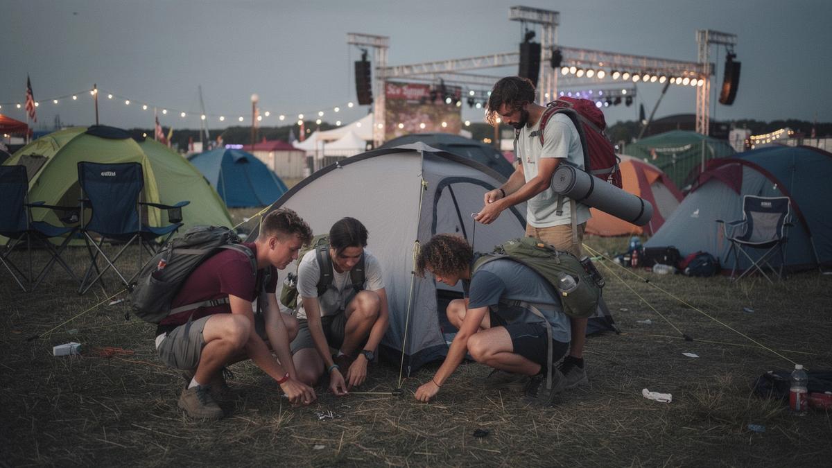Young travellers with backpacks settling into a festival campsite at dusk