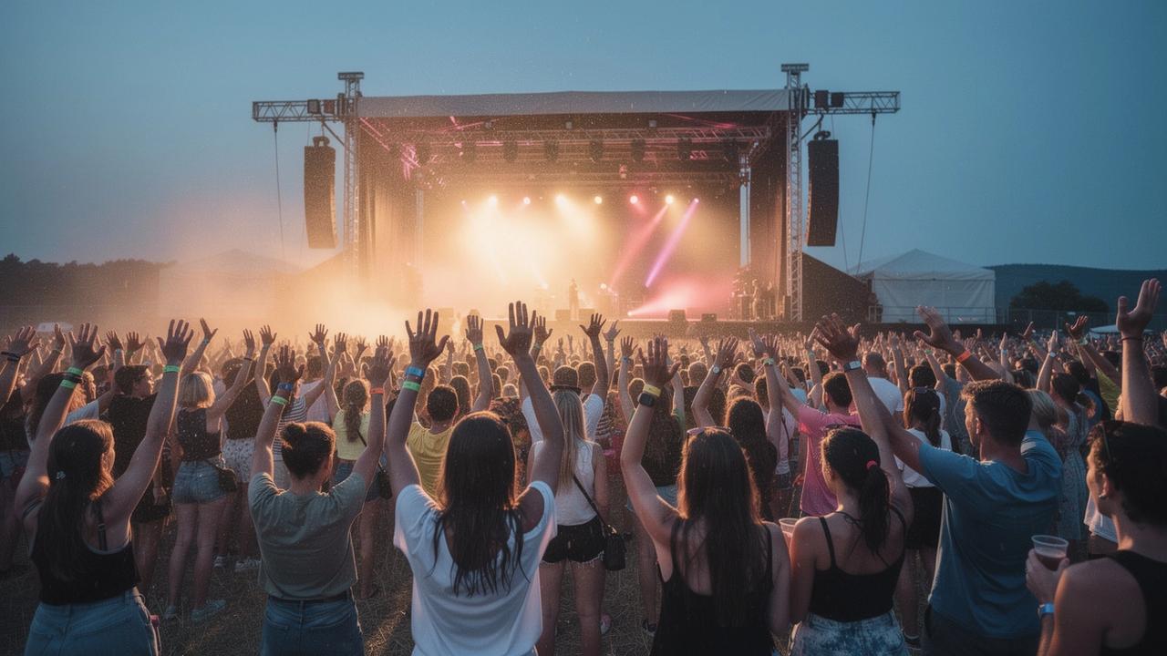 Festival crowd with raised hands in front of an open-air stage at dusk