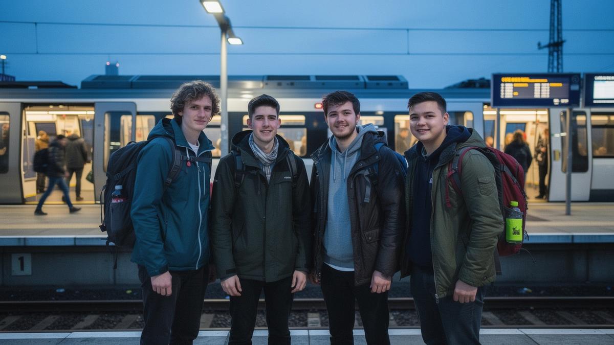 Travellers with backpacks waiting on a station platform at dusk before a night train