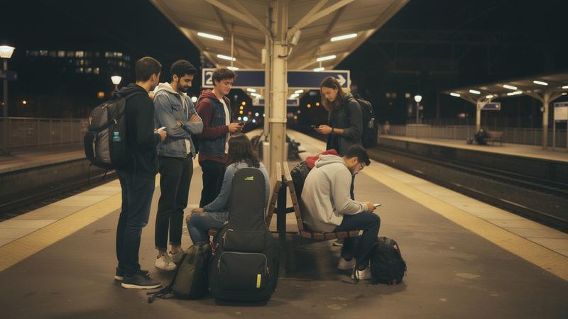 A group of six young travellers with backpacks waiting on the platform at Kyiv-Pasazhyrskyi station before a night train