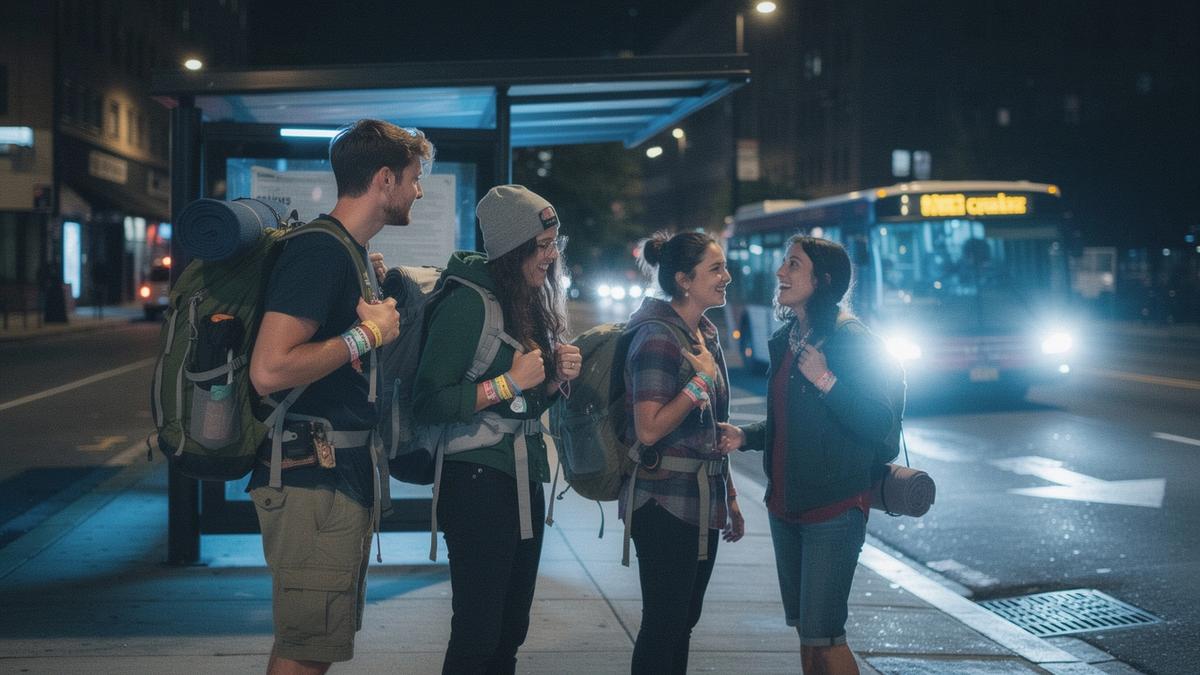 Young travellers with backpacks waiting at a night bus stop before a festival weekend