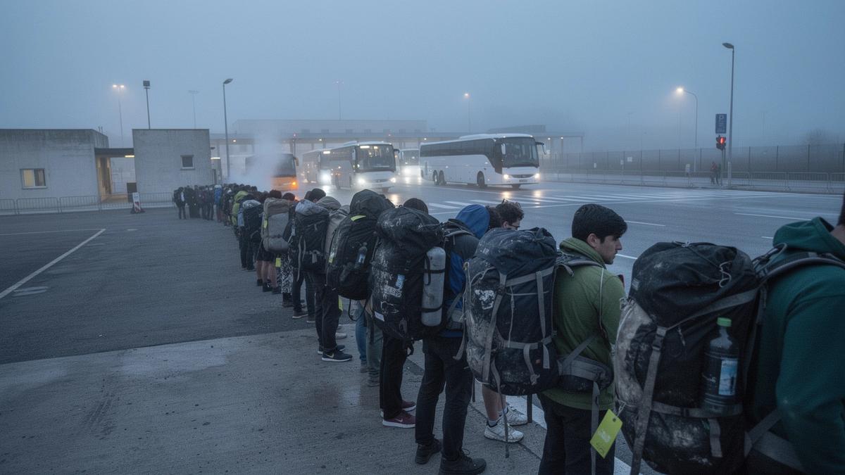 Travellers with rucksacks waiting in a coach queue at a western border crossing before sunrise