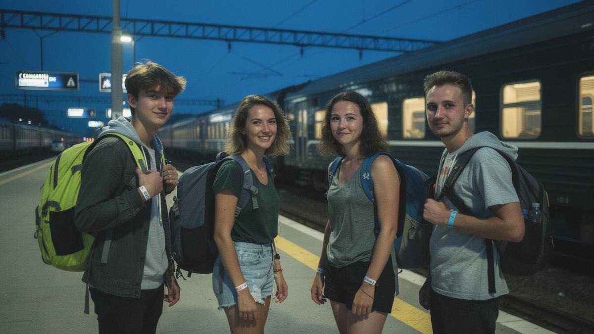 Young travellers with backpacks waiting on a station platform before a night train to a festival