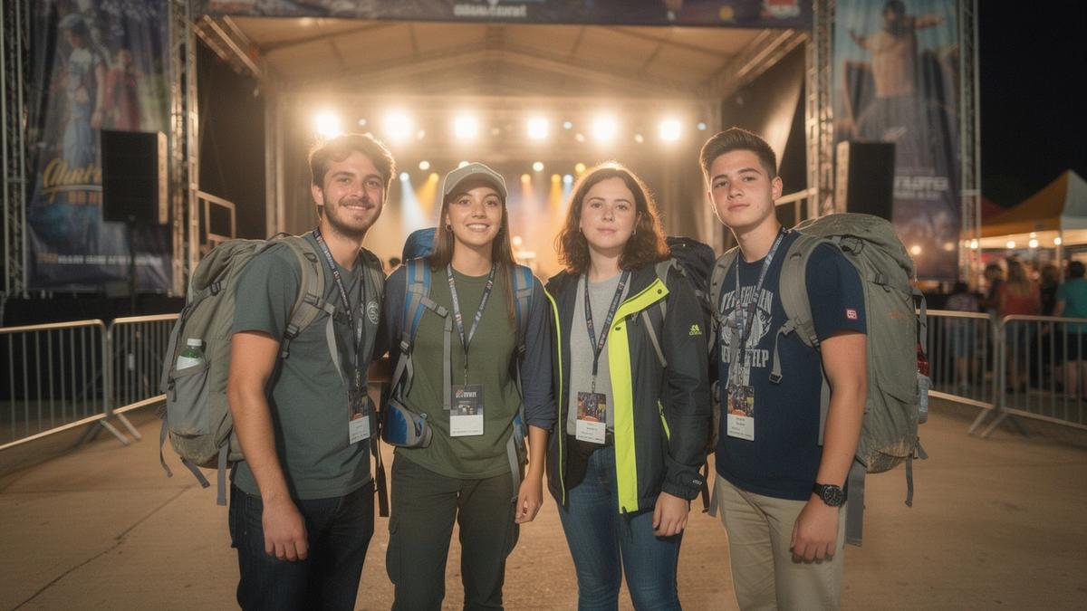 Young travellers with backpacks waiting at a festival entrance after dark
